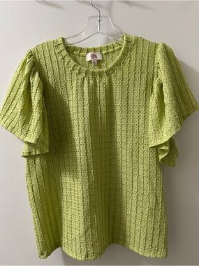 Eyelet Flutter-Sleeve Blouse in Lime Green
